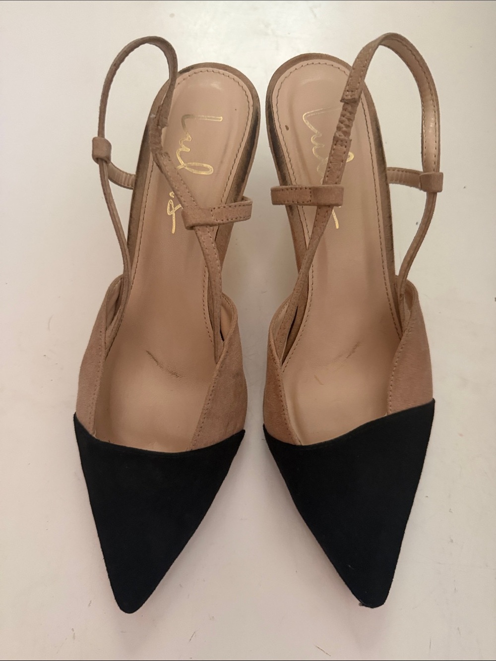 Lulu's Black and Tan Pointed Toe Slingback Heels
